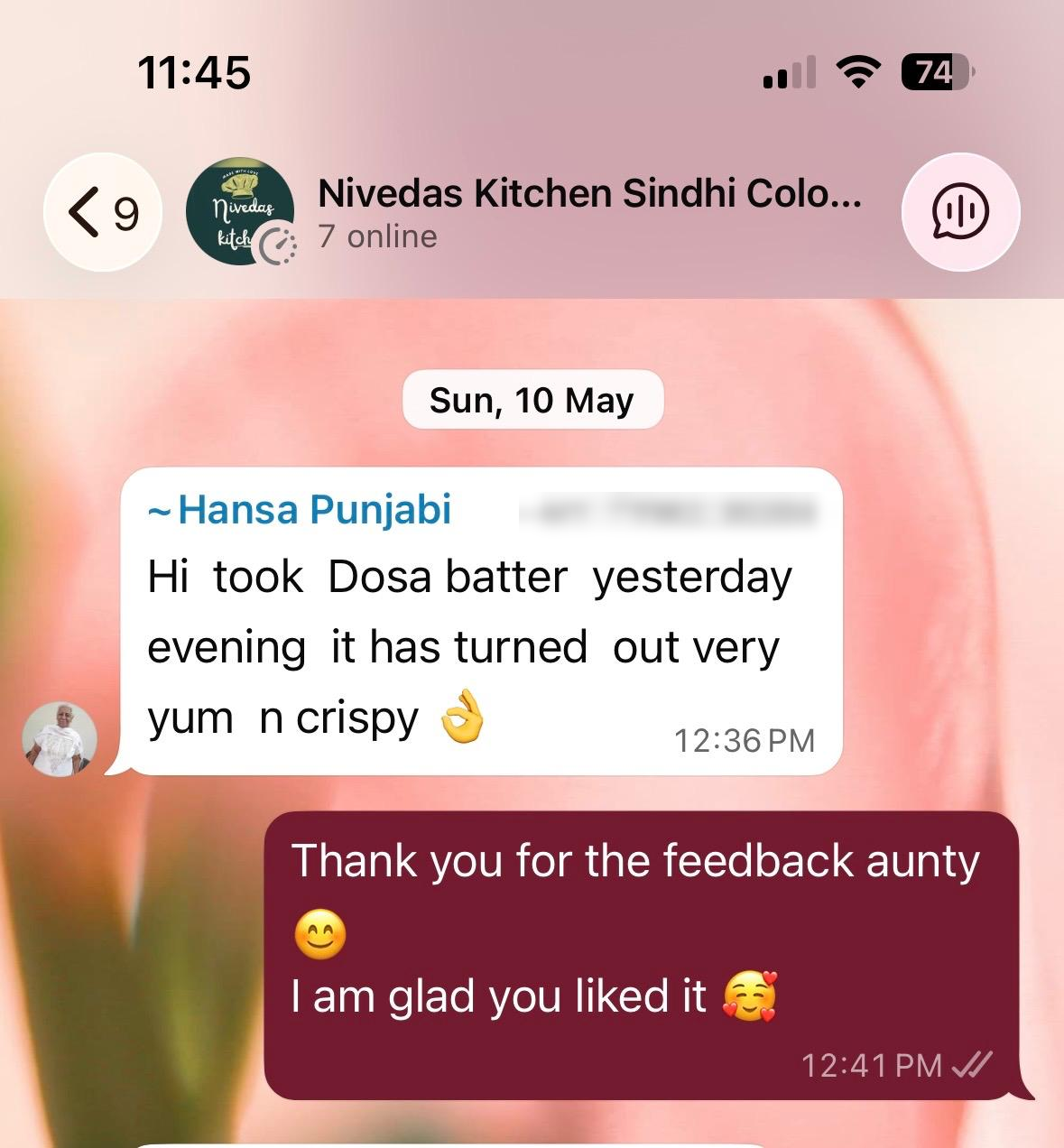 WhatsApp message from Hansa Punjabi on our Dosa Batter