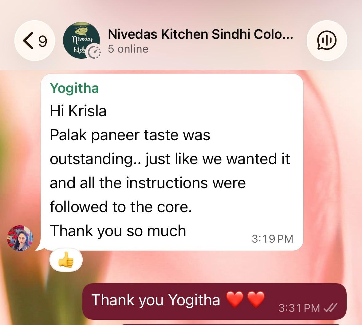WhatsApp message from Yogitha on our Palak Paneer