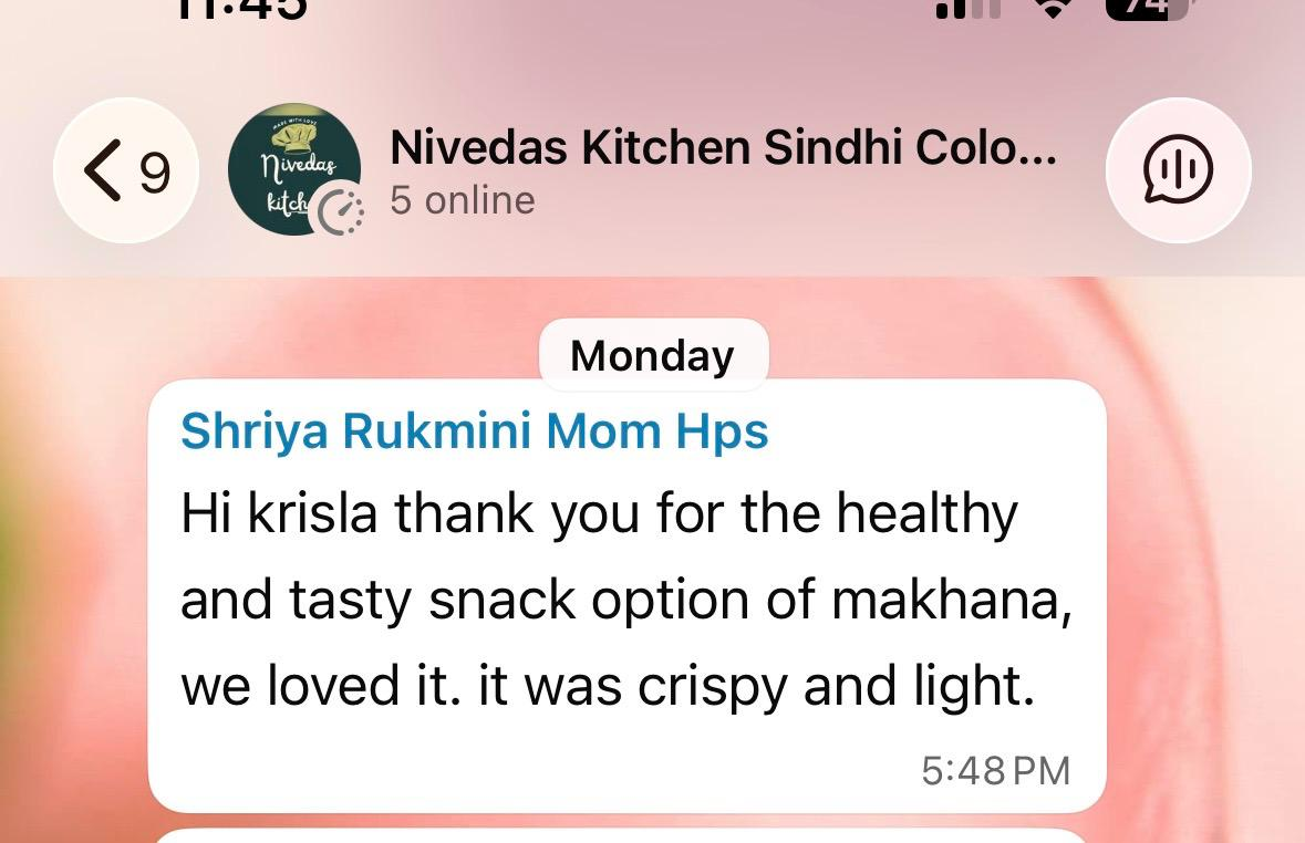 WhatsApp message from Shriya on our Makhana snack