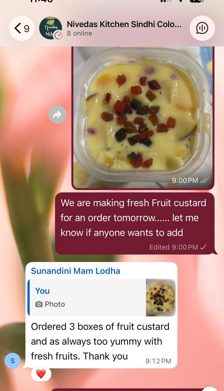 WhatsApp message from Sunandini on our Fresh Fruit Custard