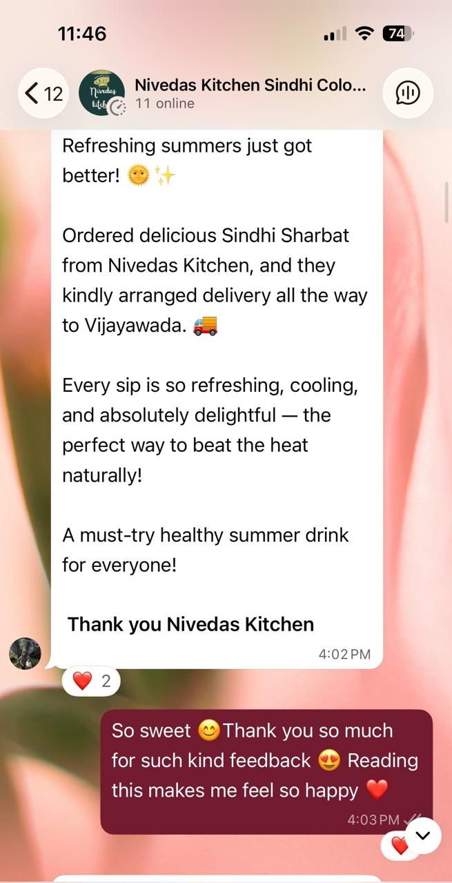 WhatsApp message from Happy Customer Sindhi Sharbat delivered to Vijayawada