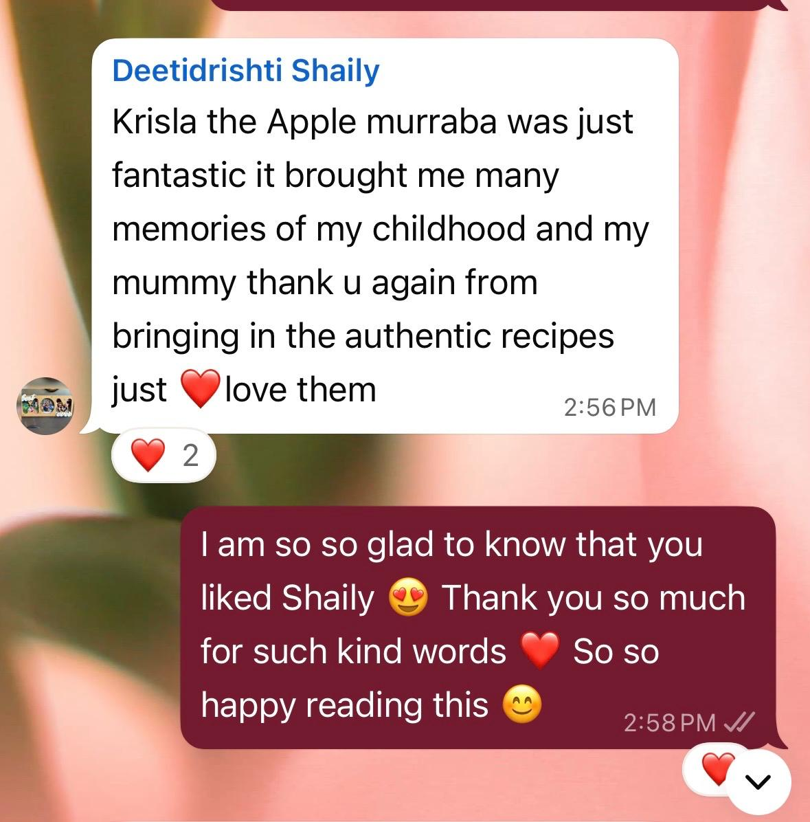WhatsApp message from Shaily on our Sindhi Apple Murabba