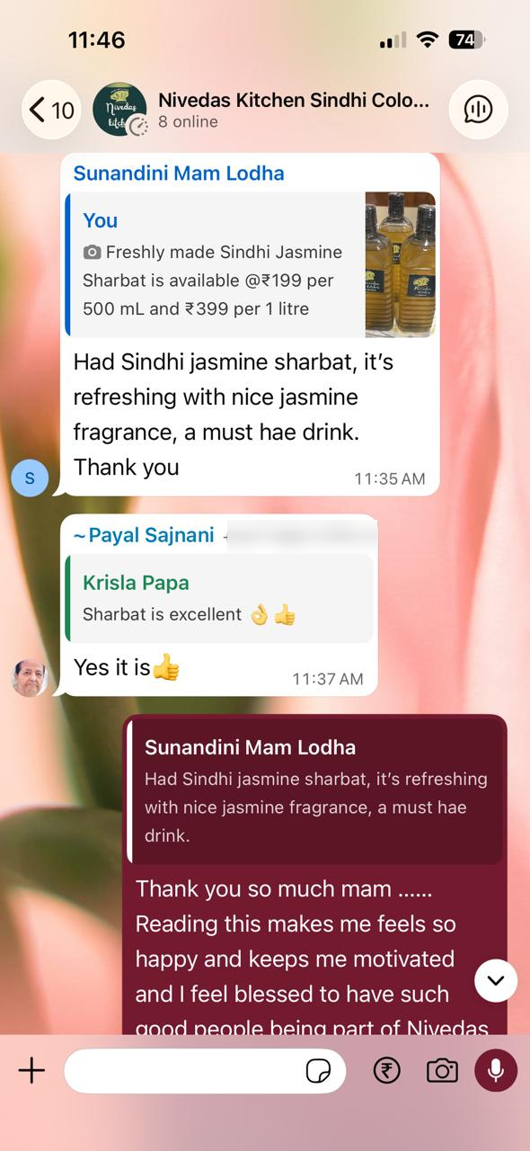 WhatsApp message from Sunandini on our Sindhi Jasmine Sharbat